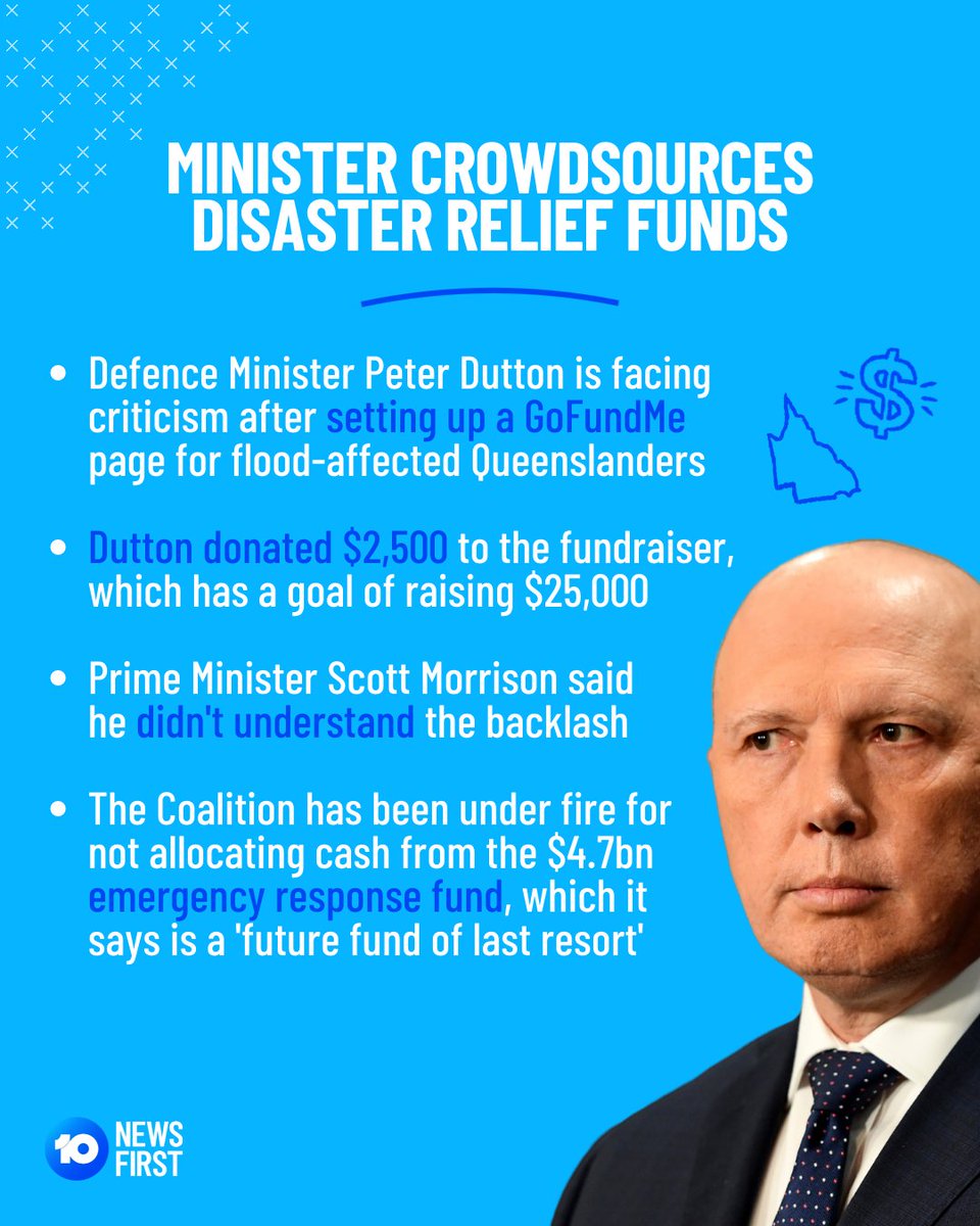 10NewsAU's tweet photo. Defence Minister Peter Dutton's fundraising venture for flood-affected Queensland doesn't seem to have gone as planned, with Aussies on social media slamming his GoFundMe page. #auspol https://t.co/2IaZdOPLaY