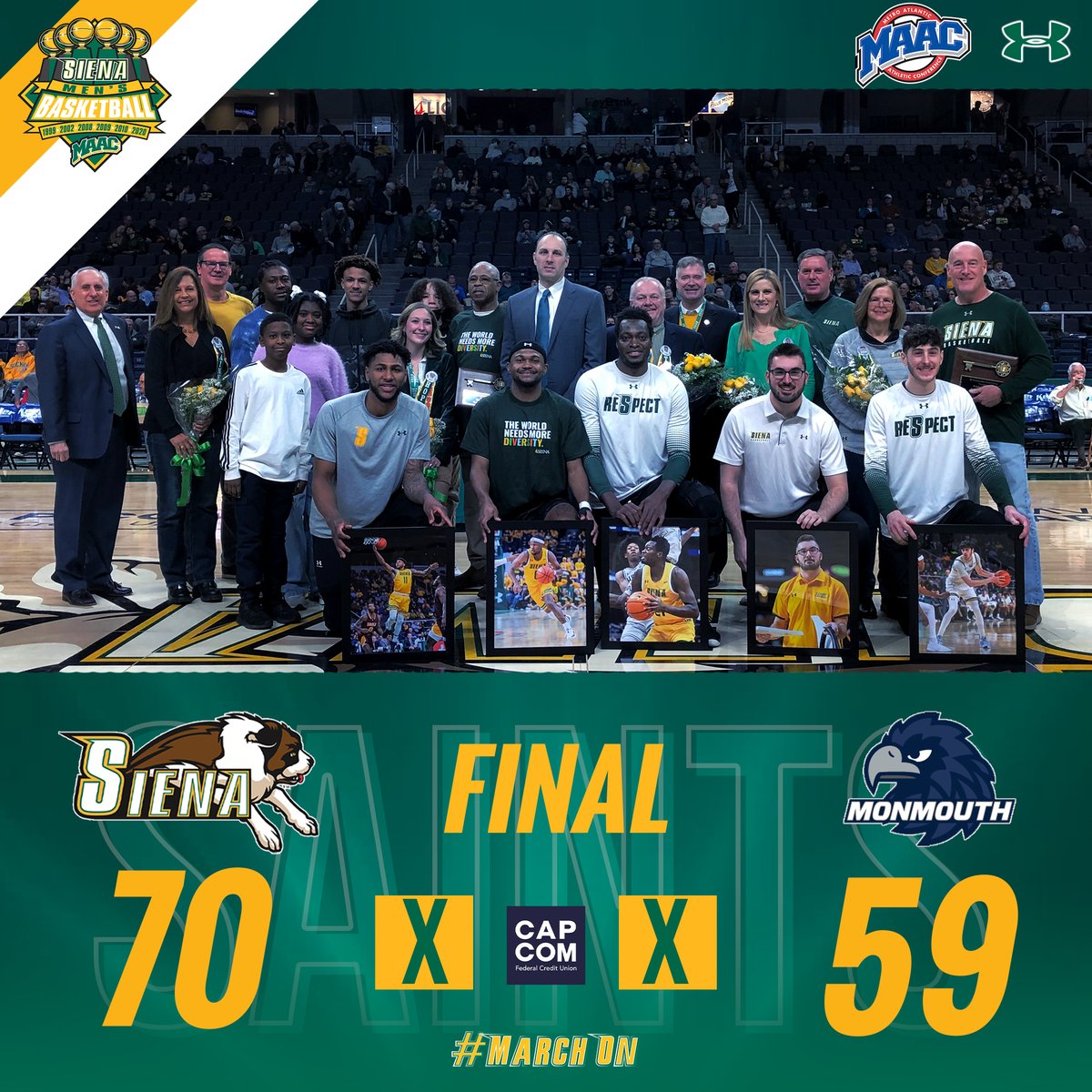SienaMBB's tweet image. #SienaSaints WIN‼️ 

Siena takes down Monmouth to secure a pivotal #SeniorDay victory❗️ 

#MarchOn | #Attack | #Finish | #EAT | #MAACHoops | #NCAAM