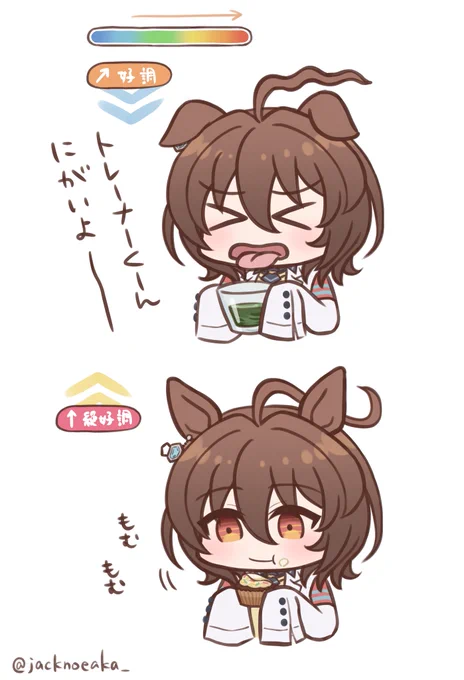 ロイヤルビタージュースを飲むタキオン
プレーンカップケーキを食べるタキオン

#ウマ娘 #アグネスタキオン 