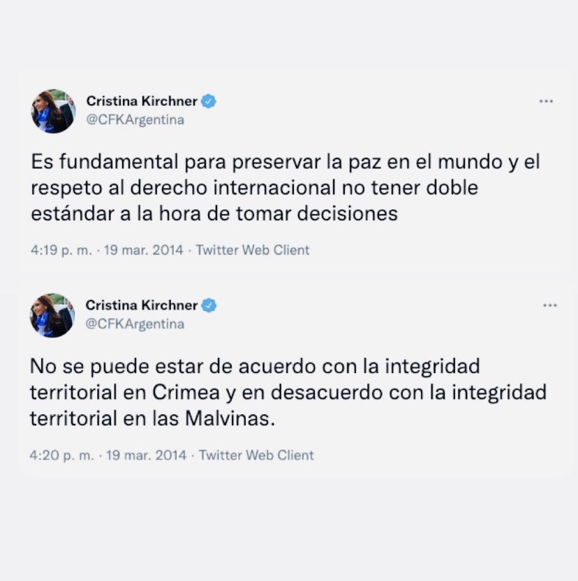 CFKArgentina's tweet photo. A continuación, vuelvo a repetir el hilo de tweets de nuestra declaración en Francia del 19 de marzo 2014 sobre el conflicto Ucrania y Rusia. https://t.co/JX9hEQbe0C