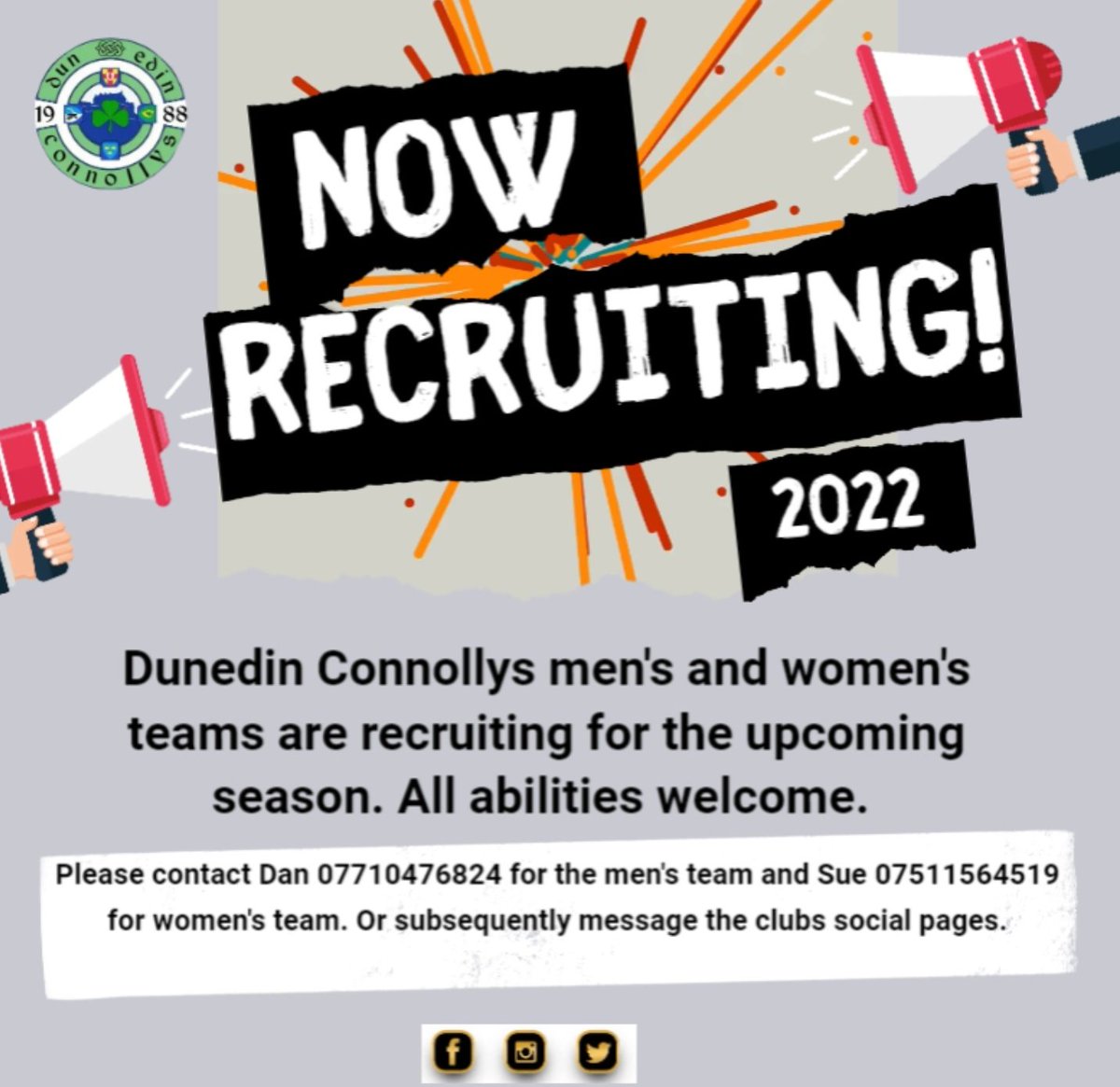 Dunedin Connollys men's and women's teams are now recruiting for the 2022 season. Please get in touch via social media streams or via the contact numbers on the poster below.

We cater for all abilities and have a budding social scene!

Come join us! 💙💚🏐

#GAA #Scotland