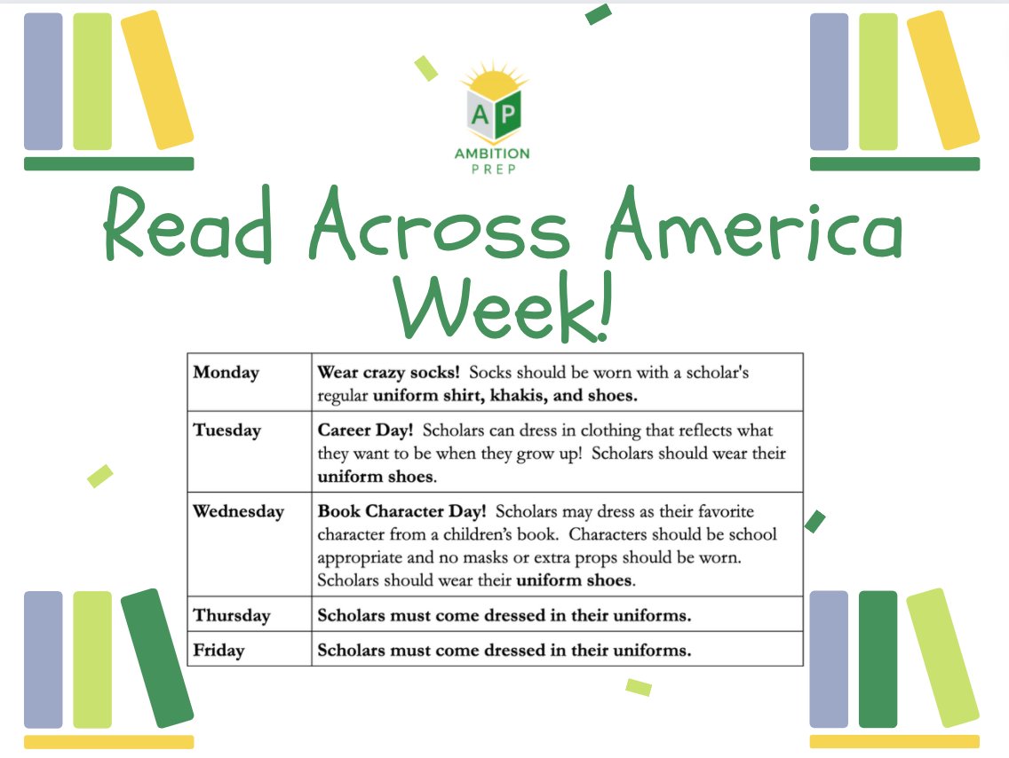 AmbitionPrep's tweet photo. We are excited to celebrate Read Across America Week!  Please see guidelines for special dress days Monday, February 28- Wednesday, March 02. https://t.co/cKtzkRtlkt