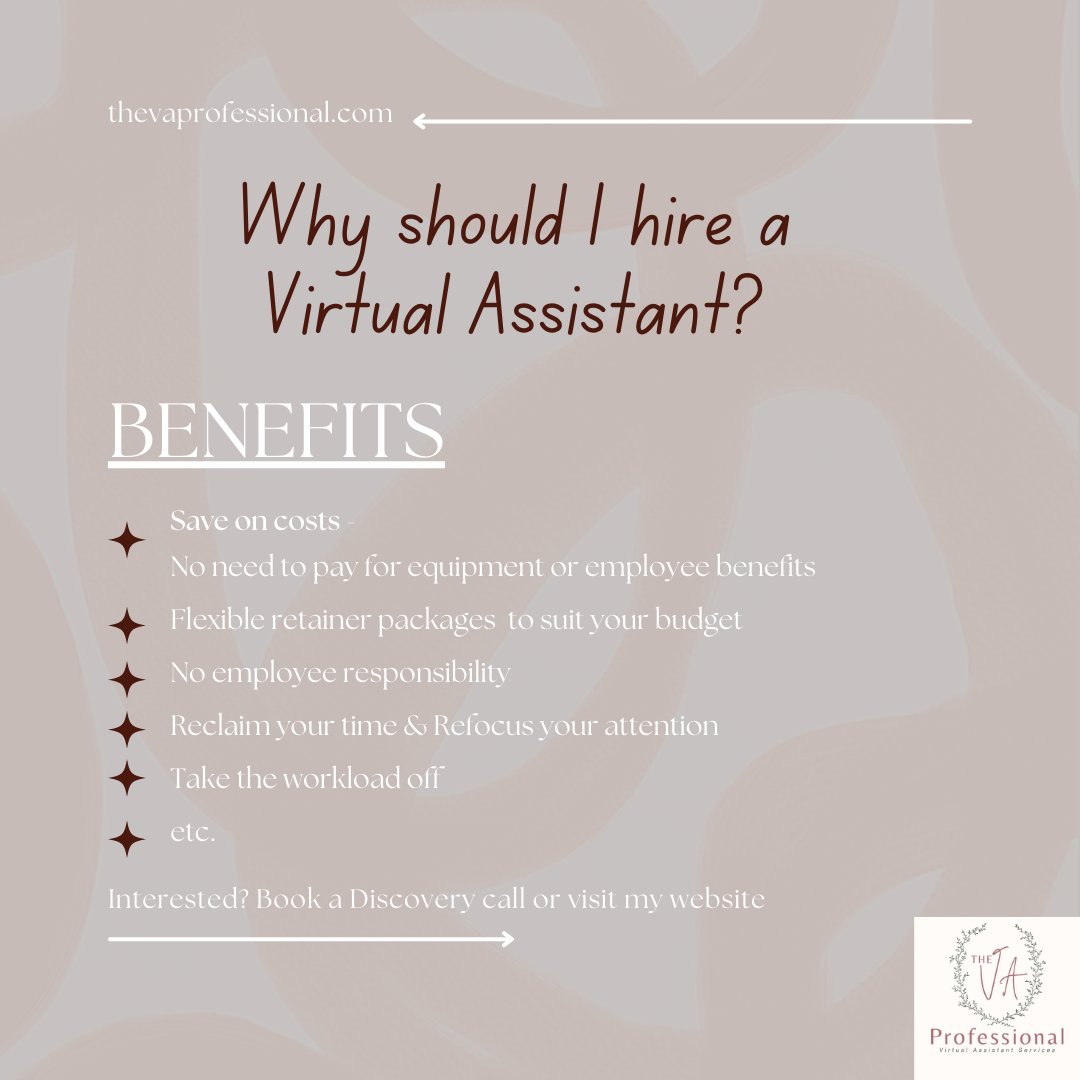 Wondering how a Virtual Assistant could benefit your business? Herewith are just a few reasons why contracting the services of a Virtual Assistant could benefit your business.
thevaprofessional.com

#businessowner #entrepreneur #selfemployed #smallbusinessowner #business