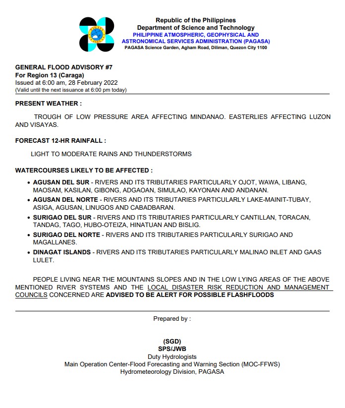 dost_pagasa's tweet photo. General Flood Advisories (GFAs) 
Issued @ 6AM, 28 FEBRUARY 2022
Region 7 (Central Visayas) - #GFA1
Region 8 (Eastern Visayas) - #GFA1
Region 11 (Davao Region) - #GFA7
Region 13 (CARAGA) - #GFA7 https://t.co/tQU0oLcaHq
