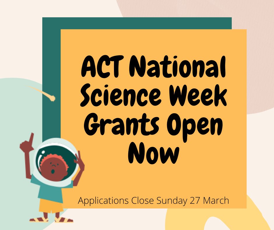 Grants are open now for ACT National Science Week events! Grants of up to $2000 are available or up to $5000 if your event targets an underrepresented audience.
Applications close Sunday 27 March
Apply online surveymonkey.com/r/73PG7YD