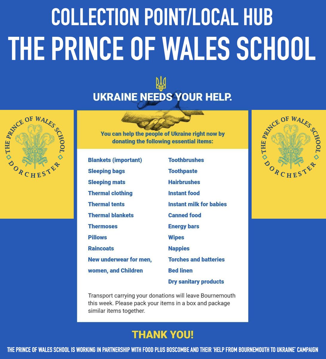 🇺🇦🇺🇦🇺🇦 HELP FOR UKRAINE 🇺🇦🇺🇦🇺🇦

People of Dorchester, we have a big school hall to fill.

<a href="/POWFS/">POWFS</a> is working in partnership with Food Plus Boscombe to bring help to Ukraine.

Donations are welcome daily 8am-6pm.

See poster for details.

#StandWithUkraine #InspiredToLearn