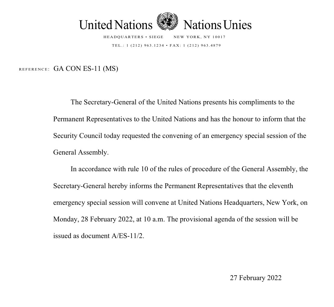 UN_PGA's tweet photo. Following the decision taken in the Security Council, I will preside over the Emergency Special Session of the General Assembly tomorrow - 28 Feb 2022 starting 10 am. https://t.co/QEGRIx4yo8