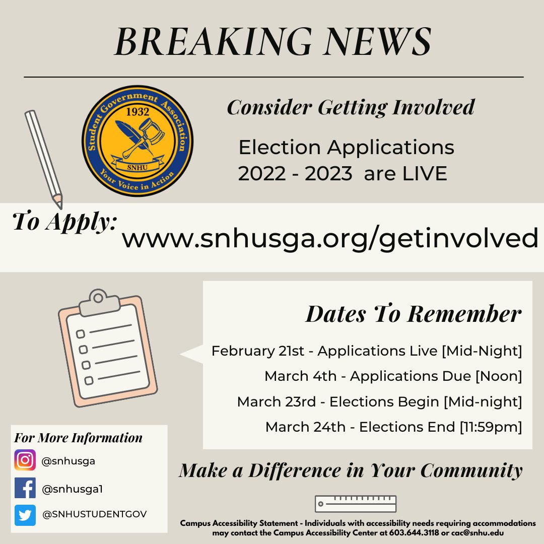 SNHUSTUDENTGOV's tweet photo. Only one week left to submit your applications! This is a great resume builder and an opportunity to build your leadership skills and be part of something that helps our SNHU Community. 

@snhuinvolvement @SNHUOnCampus https://t.co/nmm0JE7BMh