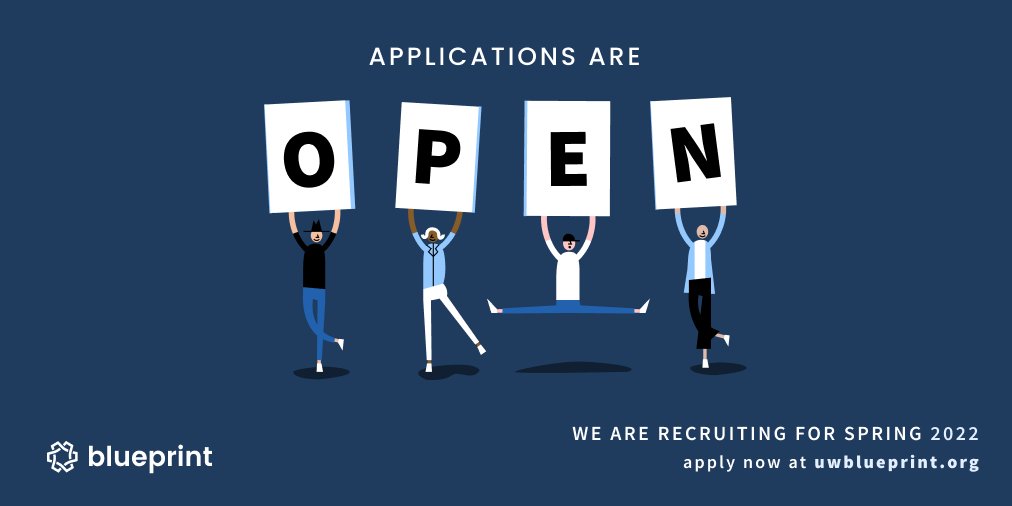 Want to get involved with Blueprint? Applications for Spring 2022 are now open and will close on March 11th at 11:59 PM EST. 🎉

We'd love to speak with you so we can get to know each other better, so please reach out and apply at apply.uwblueprint.org