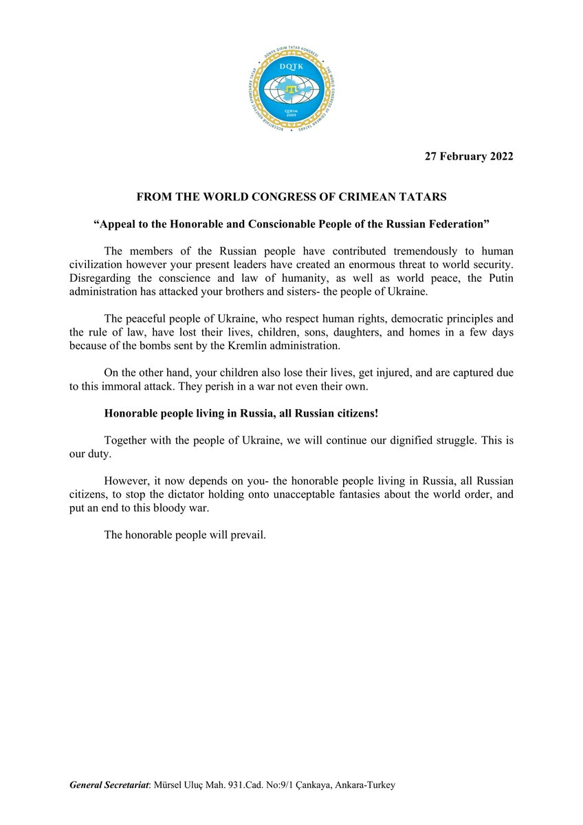 DQTK2009's tweet photo. From the World Congress of Crimean Tatars:
Appeal to the Honorable and Conscionable People of the Russian Federation https://t.co/SEdkckF29x
