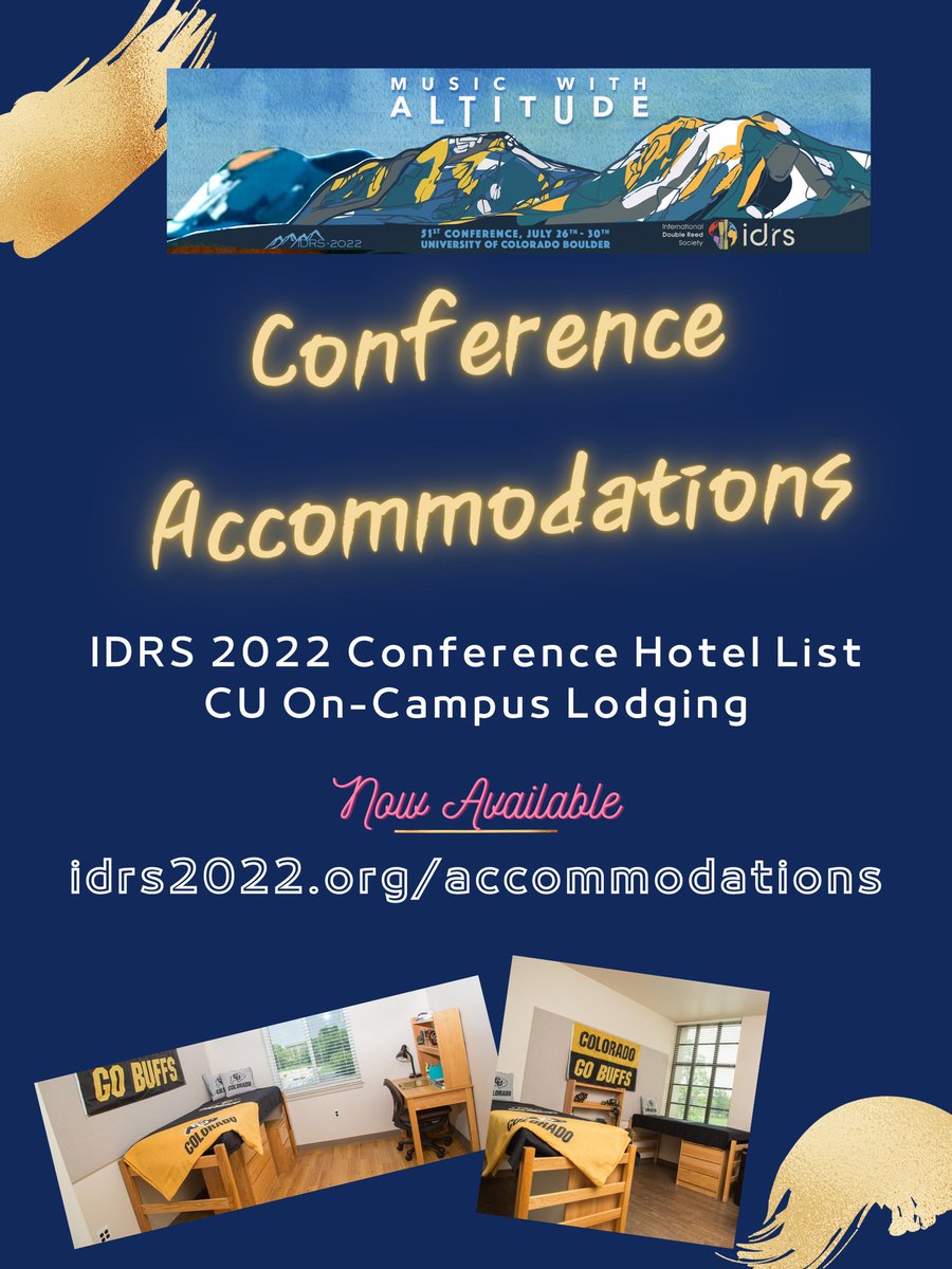 🌟CONFERENCE ACCOMMODATION🌟
Details: idrs2022.org/accommodations

July is high tourism season for Boulder. Plan your stay now!
IDRS 2022 Conference Hotel List: idrs2022.org/boulder-hotels/
We also offer On-Campus Lodging: idrs2022.org/accommodations…

#idrs2022 #idrs #boulder #bassoon #oboe