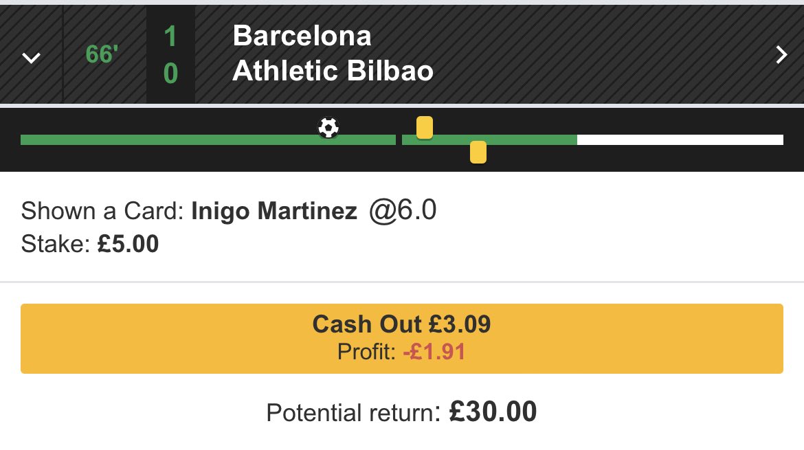 Inplay bet👇🏻🇪🇸

Came on at HT & committed 3 fouls already. 5/1 to be booked, Betfair