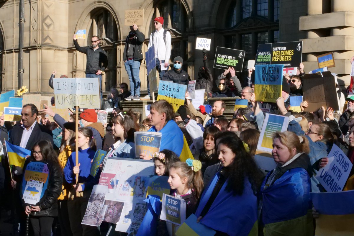 stevebuckley's tweet photo. Hundreds of Sheffielders joined the #SheffieldStandsWithUkraine rally today #cityofsanctuary #StandWithUkraine https://t.co/GlnTgCtCAm https://t.co/xuAGEJzC3E