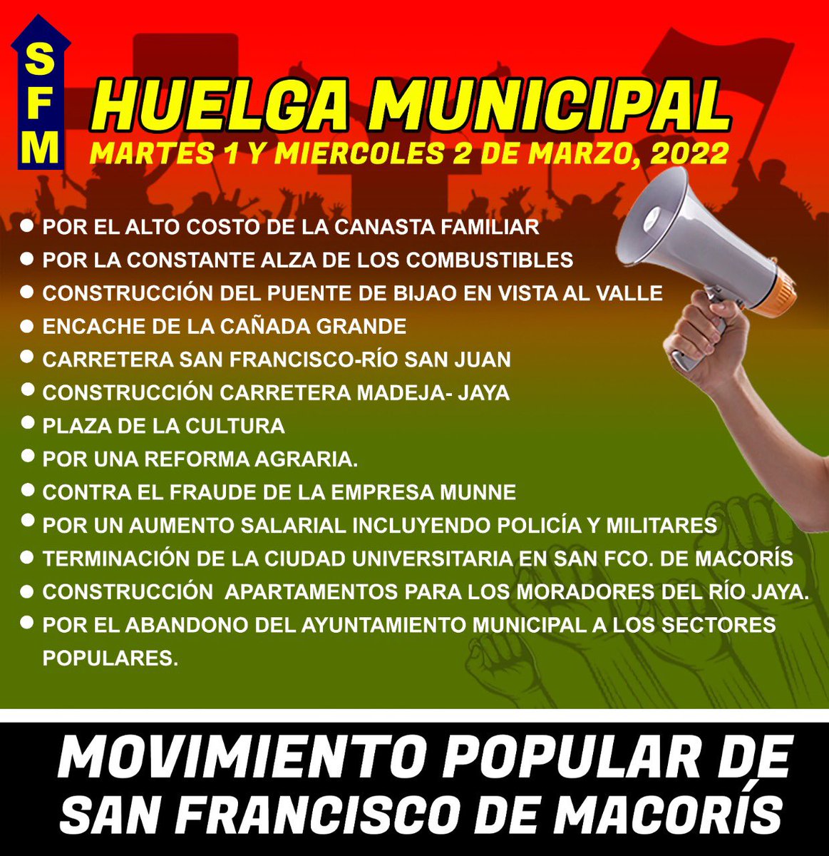 FALPOsfm's tweet photo. REITERAMOS para los días 1 y 2 de Marzo HUELGA MUNICIPAL en todo San Francisco de Macorís.  #HuelgaSfm 

#PorElAltoCostoDeLaCanastaFamiliar
#PorLaRebajaDeLosCombustibles
#JusticiaParaVlady  
#CarreteraRioSanJuanSFM #PlazaDeLaCultura #EncacheCañadaGrande #AsfaltoParaLosSectores https://t.co/pUilhIsyXK