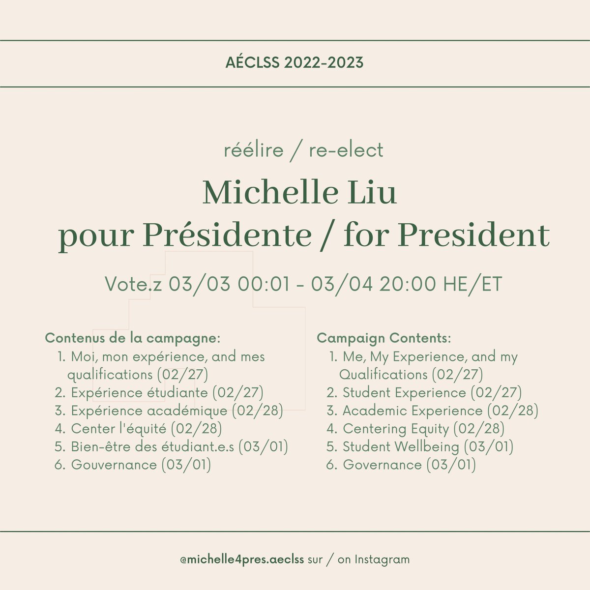 Michelle Liu (they/them) (@michelleccliu) on Twitter photo 📢 <a href="/uocommonlaw/">uOttawa | COMMON LAW</a> students!
See the first 2 parts of my 6-part campaign for a 2nd term as President of the AÉCLSS at bit.ly/35cLkcx or on the campaign page at instagram.com/michelle4pres.…. Please share widely! 🙏
📅 Vote 03/03 12:01AM - 03/04 8PM ET
#LiuForYou #Liupourvous 📢 <a href="/uocommonlaw/">uOttawa | COMMON LAW</a> students!
See the first 2 parts of my 6-part campaign for a 2nd term as President of the AÉCLSS at bit.ly/35cLkcx or on the campaign page at instagram.com/michelle4pres.…. Please share widely! 🙏
📅 Vote 03/03 12:01AM - 03/04 8PM ET
#LiuForYou #Liupourvous