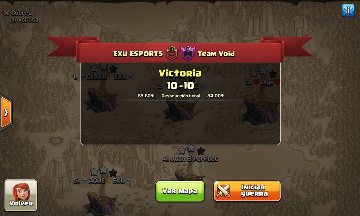 No fue nuestra mejor guerra pero nos llevamos la victoria contra un gran clan <a href="/team_void_gg/">Team Void</a> grandes ! 😘❤ 
@ExuEsports <a href="/LeagueHispanic/">Monster League</a> ☠⚡☠ 
<a href="/ceesar4u/">ce</a> gracias por todo y tanto ❤🤗😘 ☠⚡☠