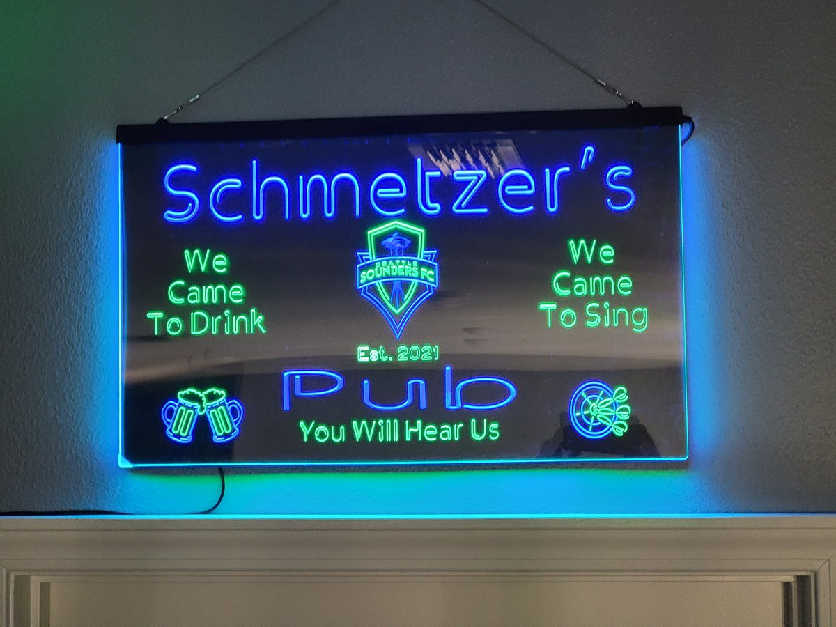 RaveGreenJosh's tweet photo. Ready for the new season!  We couldn't find a good @SoundersFC pub in Central Florida.... So we built our own in our new house. Welcome to Schmetzer's Pub in Winter Garden, FL! Representation from @yedlinny @Stefan24Frei  @TropicSounders @WeAreECS @brianschmetzer &amp; other legends! https://t.co/AsHVszADoJ