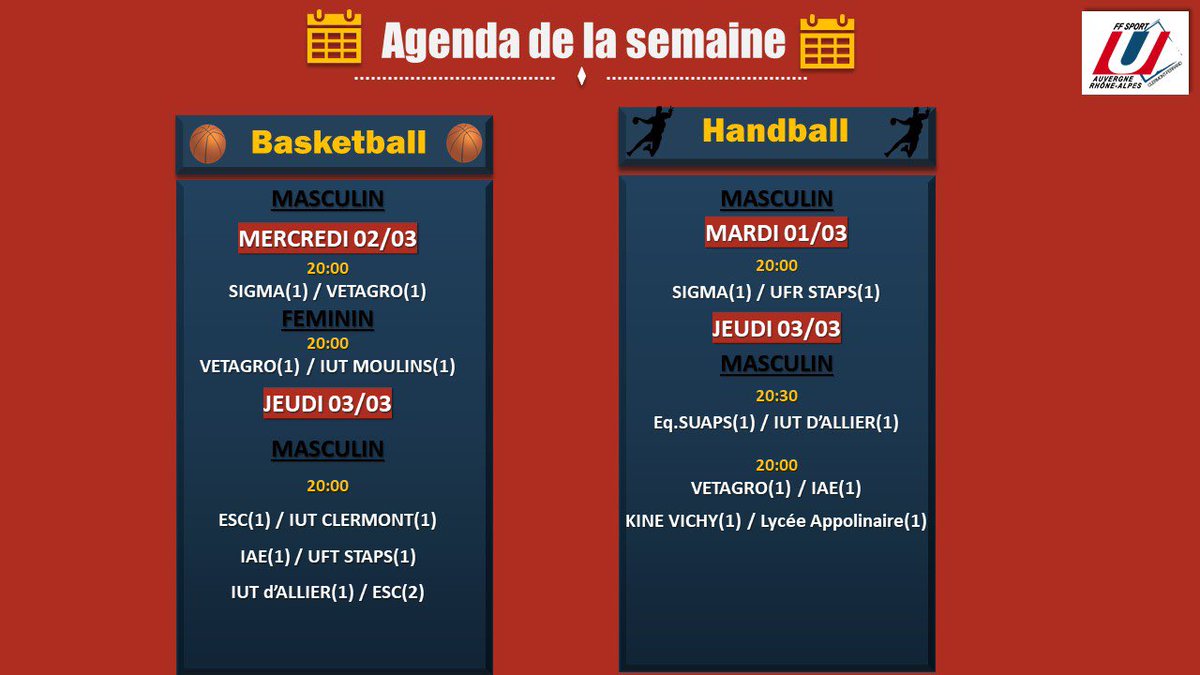 ⏰ AGENDA DE LA SEMAINE ⏰

Retrouvez les lieux des rendez-vous sur le site : sportco.abyss-clients.com/rencontres

Bonne semaine de compétition 🥇