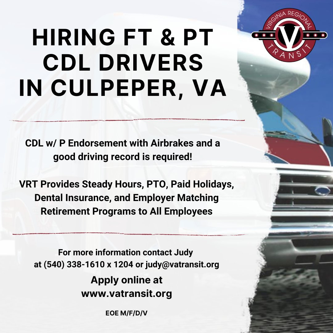 VRT4VA's tweet photo. We are currently hiring CDL drivers in our Culpeper Region! Apply online at https://t.co/lSMligDNIz

#Virginia #hiring #publictransit https://t.co/7xRXL5IJf6