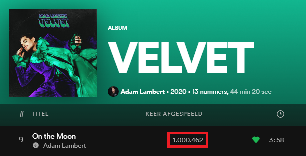 skaschep's tweet photo. Congrats @AdamLambert with 1⃣ million streams on Spotify for #OnTheMoon! 🎉 Now 1,000,462 streams (+800)! 🎧 (27 February 2022) #NowPlaying Just 1 song left from #VELVET💚 to reach 1 million ➡️#LoveDont! 🙌 https://t.co/DYG0srtYMY https://t.co/tae2mT87DN