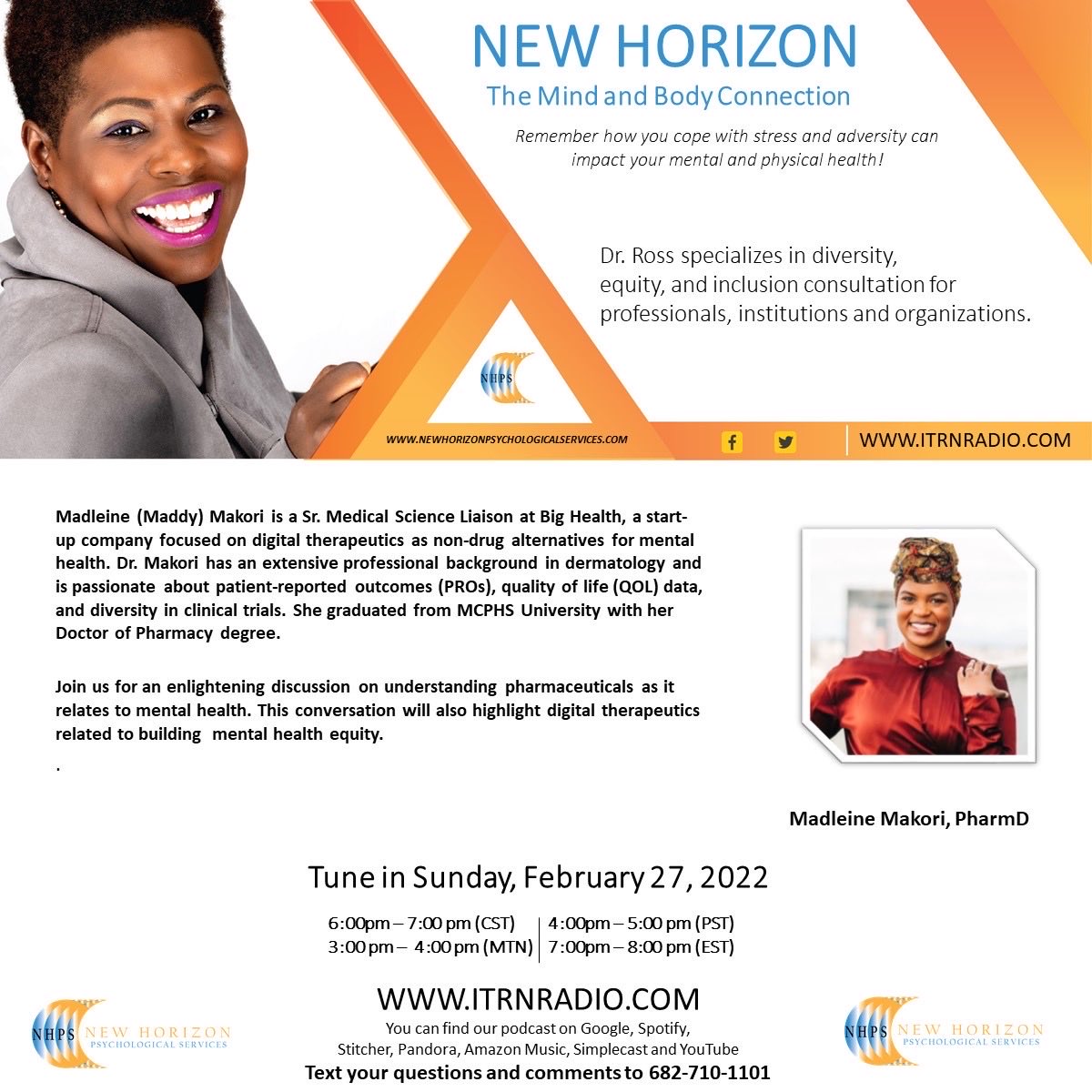 KeishaRossPhD's tweet photo. Excited to interview Madleine Makori, PharmD today, 2/27/22 as she discusses mental health from the perspective of an industry pharmacist. Sharing her journey of building equity. Join us live at 6pm cst on ⁦@ItrnRadio⁩. #mentalhealthsupport #equity https://t.co/cCVX8LAD2G