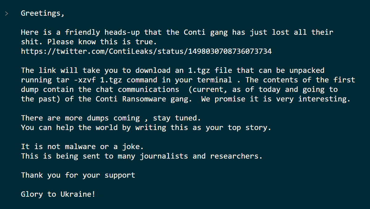 vxunderground's tweet photo. Conti ransomware group previously put out a message siding with the Russian government. 

Today a Conti member has begun leaking data with the message "Fuck the Russian government, Glory to Ukraine!"

You can download the leaked Conti data here: https://t.co/BDzHQU5mgw https://t.co/AL7BXnihza