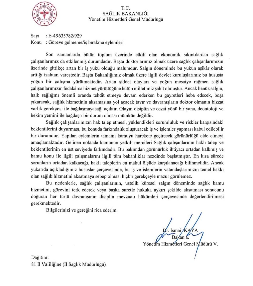 Hekimleri,bu metinle mi durdurmayı düşündünüz?Küresel salgın var demeden her gün daha fazla haklarımız alınırken,şiddet görürken,maddi çöküntü yaşatırken nerdeydiniz?Yapıldığı söylenen çalışma söylemlerine karnımız tok.Kaybedecek bir şeyimiz kalmadı artık #isbırakmaanayasalhaktır