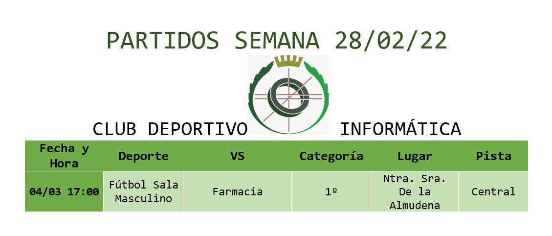 cdeportivoFDI's tweet photo. ⚠️PARTIDOS DE LA SEMANA⚠️

Estos son los partidos de la semana del 28/02.

Algunos equipos como el de voleibol masculino tendrán su última jornada esta semana. Disfrutad al máximo lo que queda de liga 

¡Mucho ánimo a todos nuestros equipos de informática! https://t.co/YqUfjOap5I