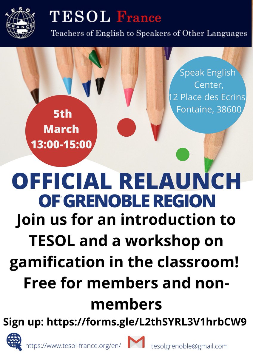 Are you an English teacher or trainer near Grenoble? Connect with other teachers and trainers at our regional workshop!
More info at tesol-france.org/en/pages/7/eve…
Sign up here 👇
#TESOL #TEFL #teaching #community #workshop