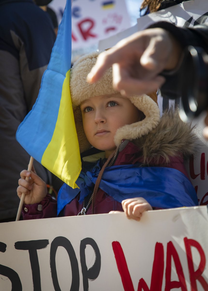 Markiian Ryzhuk, 5, attends a rally protesting Russia's invasion of Ukraine on Sunday outside Saints Volodymyr &amp; Olha Ukrainian Catholic Church in Chicago's Ukrainian Village.