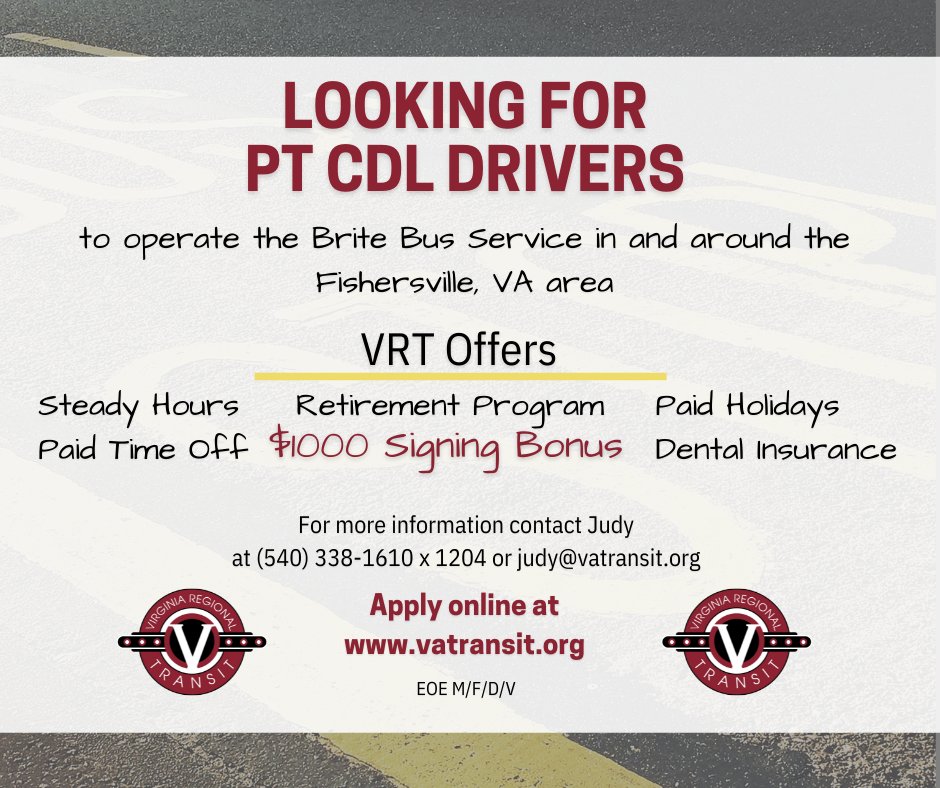 VRT4VA's tweet photo. VRT is looking for FT and PT CDL Drivers in the Fishersville area to join the BRITE Bus Transit Service. Enjoy great benefits and a generous $1000 signing bonus!

Apply online at https://t.co/lSMligDNIz!

#FishersvilleVA #staunton #stauntonva #waynesborova https://t.co/ktW71f4XNL