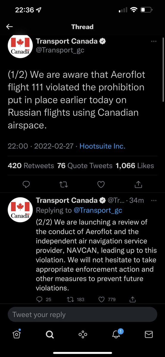 Transport Canada’s tweets regarding Aeroflot #SU111 which flew over Canadian airspace earlier today.
