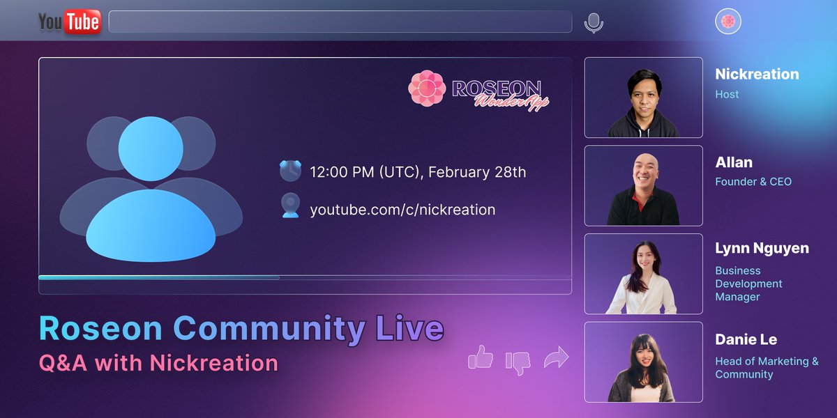 yatendra7829's tweet photo. We've hinted a lot about our plans for 2022 but you can hear it directly from #Roseon family members in the live #AMA session with @nickreation_nft on #YouTube channel!
Subscribe now:
https://t.co/cF7q5zBRrM
#RoseonWorld #RoseonWonderApp #OneStopSolution https://t.co/oZtqUxVQfU https://t.co/7gum9ECeyx