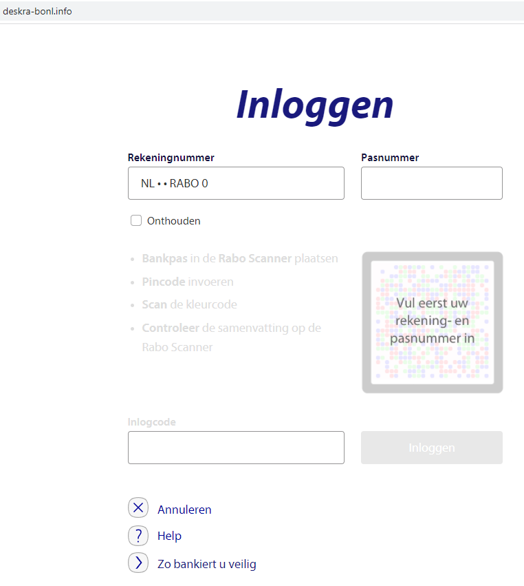 Dashowl's tweet photo. #Phishing against @rabobank hosted by @Namecheap 
hxxp://deskra-bonl.info/ https://t.co/X71Z93CRlN