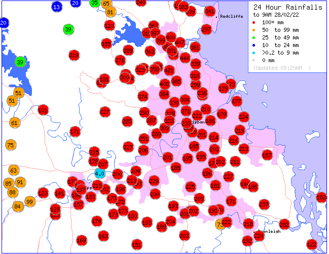 🌧️Another day with widespread rainfall totals 300-400mm across #SEQ. Highest in the state at #UpperSpringbrook 530mm. Highest in Brisbane area at #BrackenRidgeRes 444mm.  Rain easing today, however #QldFloods will continue for next few days. bom.gov.au/qld/warnings/