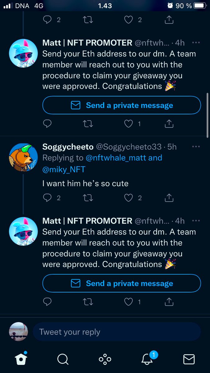 nftscamhunters's tweet photo. This guy is no shame trying to scam multiple people in the same giveaway! wants to 'verify' wallet via a link! @nftwhale_matt @KayzerNFT @Freya22954225 @miky_nft @lotta_nft @Ryou_NFT @YoJxson @JUST_NFTVERSE https://t.co/esD7CeR2Yh