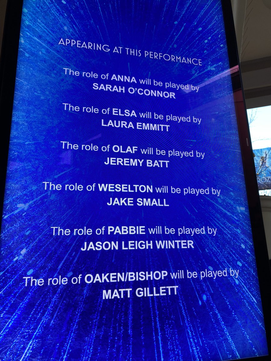 Beyond The Curtain (@beyondcurtain12) on Twitter photo Big shout out to these amazing understudies/swings who were magnificent at Frozen this evening:
• <a href="/Scoconnor/">Sarah O'Connor</a> as Anna
• @lauraemmitt as Elsa
• <a href="/jeremy_batt/">Jeremy Batt</a> as Olaf
• <a href="/JakeLawrence21/">Jake Lawrence Small</a> as Weselton
• @jaseleigh as Pabbie
• <a href="/mgm_gillett/">Matt Gillett</a> as Oaken/Bishop.
Thank you ALL ❄️💙 Big shout out to these amazing understudies/swings who were magnificent at Frozen this evening:
• <a href="/Scoconnor/">Sarah O'Connor</a> as Anna
• @lauraemmitt as Elsa
• <a href="/jeremy_batt/">Jeremy Batt</a> as Olaf
• <a href="/JakeLawrence21/">Jake Lawrence Small</a> as Weselton
• @jaseleigh as Pabbie
• <a href="/mgm_gillett/">Matt Gillett</a> as Oaken/Bishop.
Thank you ALL ❄️💙