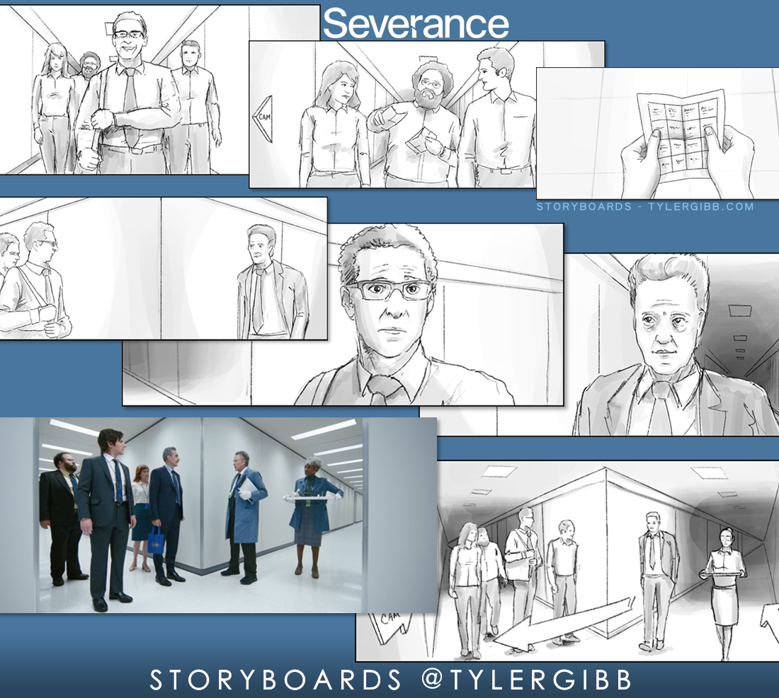 TylerGibb's tweet photo. Storyboards I drew for 103 of Severance. Tight quarters  scene with a lot going on including blocking, keeping the minimalist Lumon set engaging in every shot and - even though it doesn’t look like it - VFX planning.

#severance #storyboards #behindthescenes #appletvplus https://t.co/KnTxQPuhhx