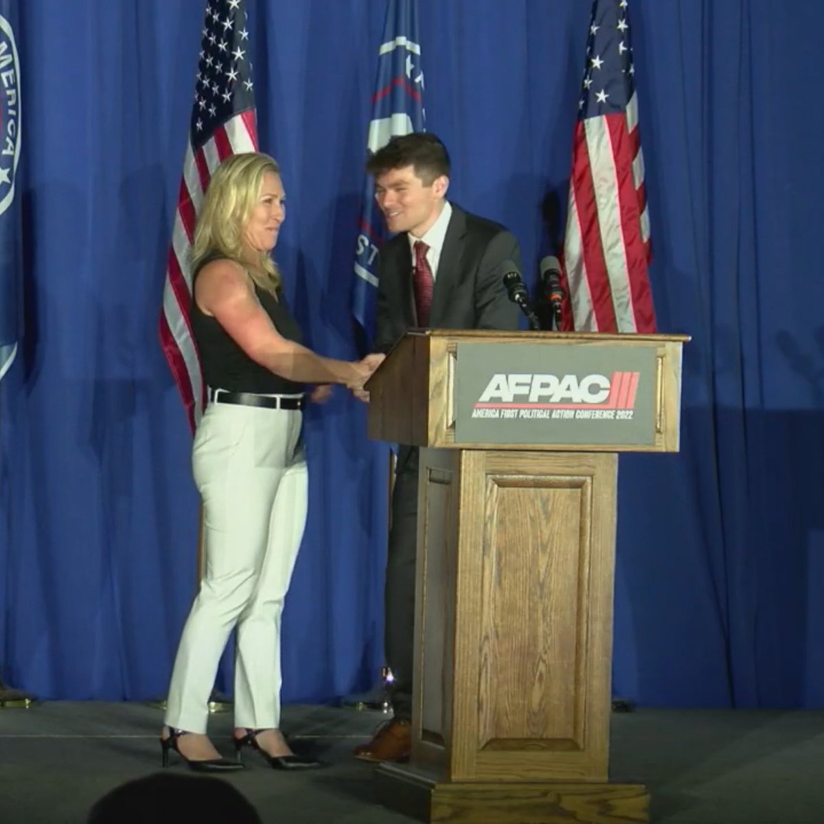 Marjorie Taylor Green (R-GA), a nominee for 2021 'Antisemite of the Year' proudly shared the stage with Holocaust denying, white supremacist "Groyper" leader Nick Fuentes.

Where is the <a href="/GOP/">GOP</a> condemnation @GOPLeader??
