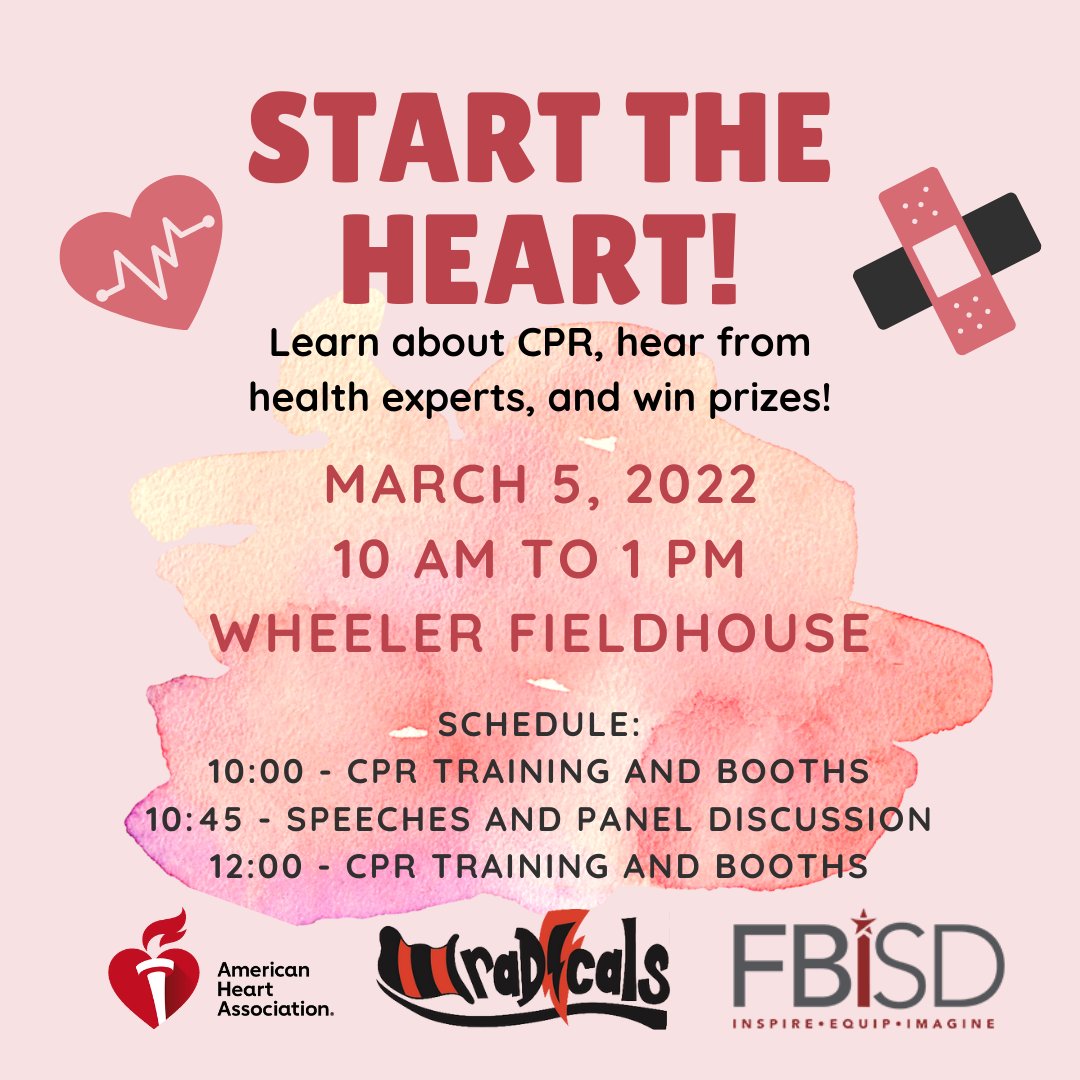 teamraDIcals__'s tweet photo. Introducing our new event, Start the Heart! Join us at Wheeler Fieldhouse on March 5th from 10 to 1 to learn all about CPR! #firstaidnotafraid #starttheheart #CPR #idodi #servicelearning https://t.co/mclxtnUg4k