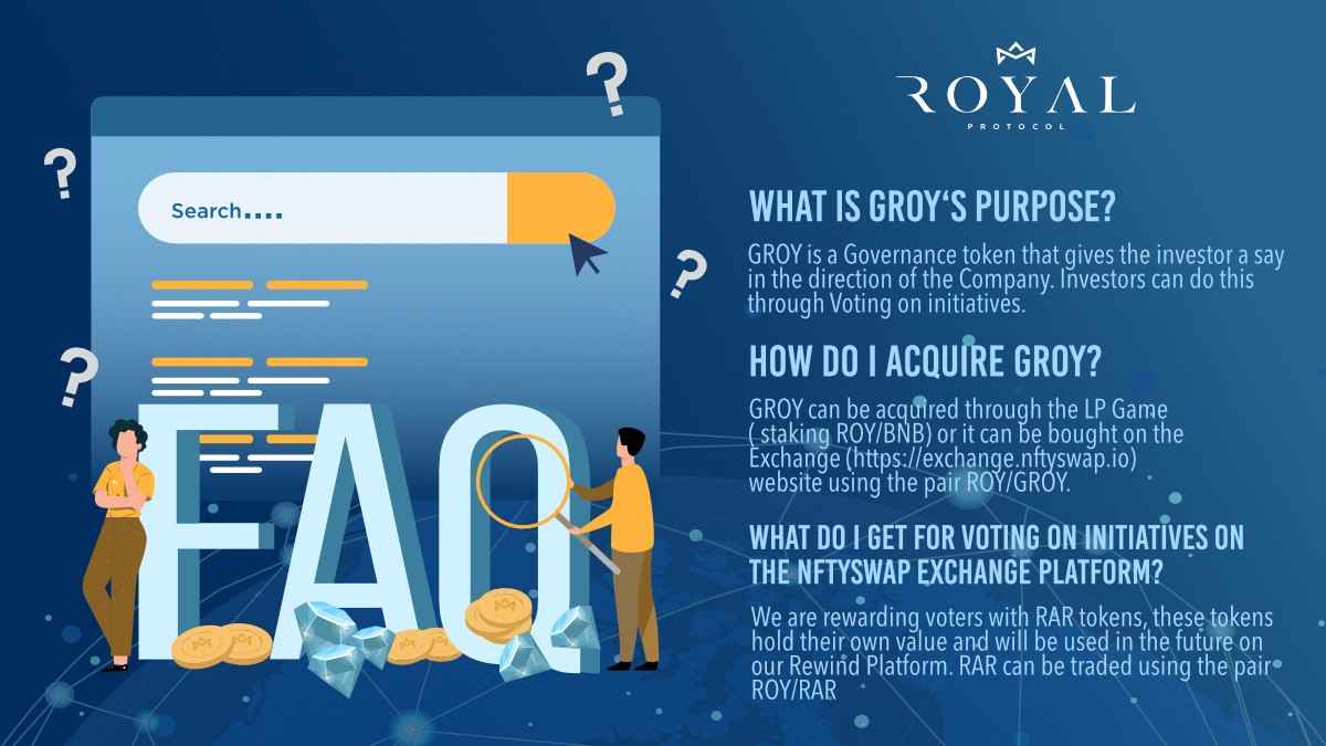 #GROY is available on our #NFTySwap website for all members who are looking to vote for future developments regarding our token, ecosystem, products, and more. 🔀

All you need is some #ROY and #BNB in your wallet to stake, and you're good to go! 👑 bit.ly/3s6qpPN