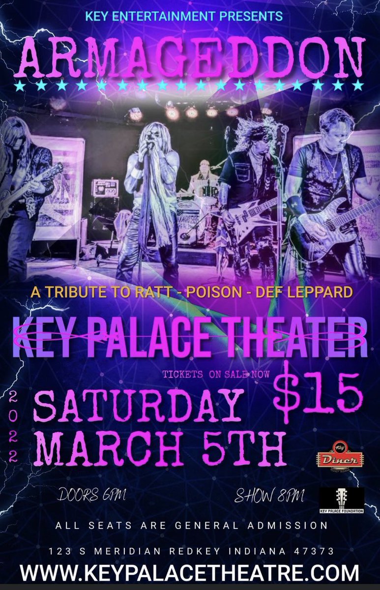 Armageddonrocks's tweet photo. Do not miss our debut at the Key Palace Theater in Redkey, IN Armageddon "A Tribute to Def Leppard", Rock of Love-Tribute Poison and Rattrap a tribute to Ratt all in one show. All the hits and more.  Tickets at https://t.co/fdRg9ZhJxH for $15 as they will be $20 at the door. https://t.co/vGjHGlqKpv