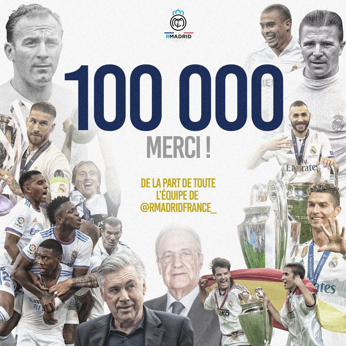 RMadridFrance_'s tweet photo. On y est… 100.000, c’est fou ! Cent mille mercis à vous c’est incroyable. Merci à tous de nous suivre au quotidien. L’aventure est encore loin d’être finie ! #HalaMadrid !🤍 https://t.co/8mNTHlEB1S