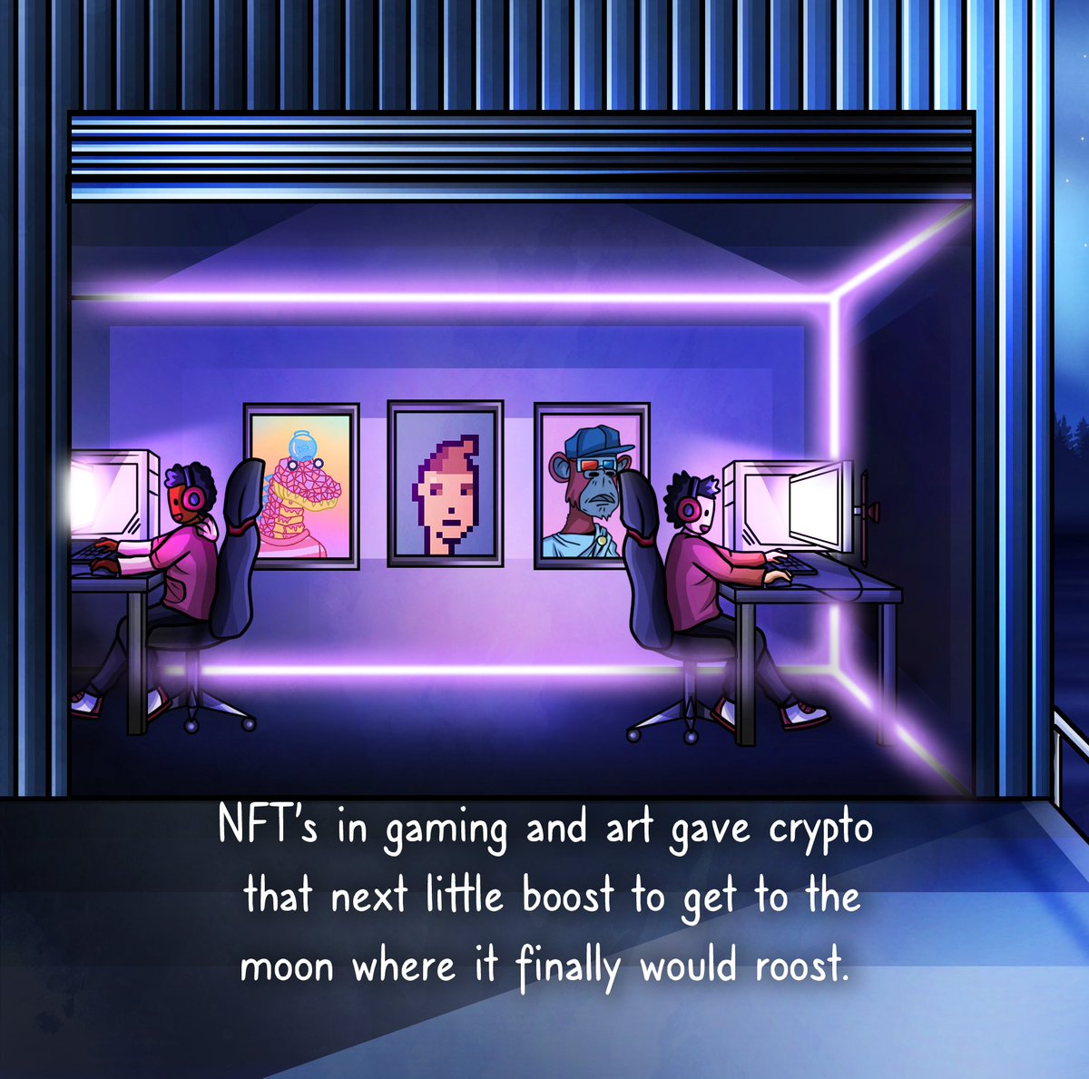 Here is Page 11 from my #kidlit book, 🚀To the Moon: A Children's Crypto Book🌕.

These #gamers rocking their #nfts. This is the #future!

You can buy on #Kindle for $3.99 or #FREE on KindleUnlimited

Official #Link:  amazon.com/dp/B09RKQJQXJ/

#nft #btc #ETH #LUNA #PolkaDot #BAYC