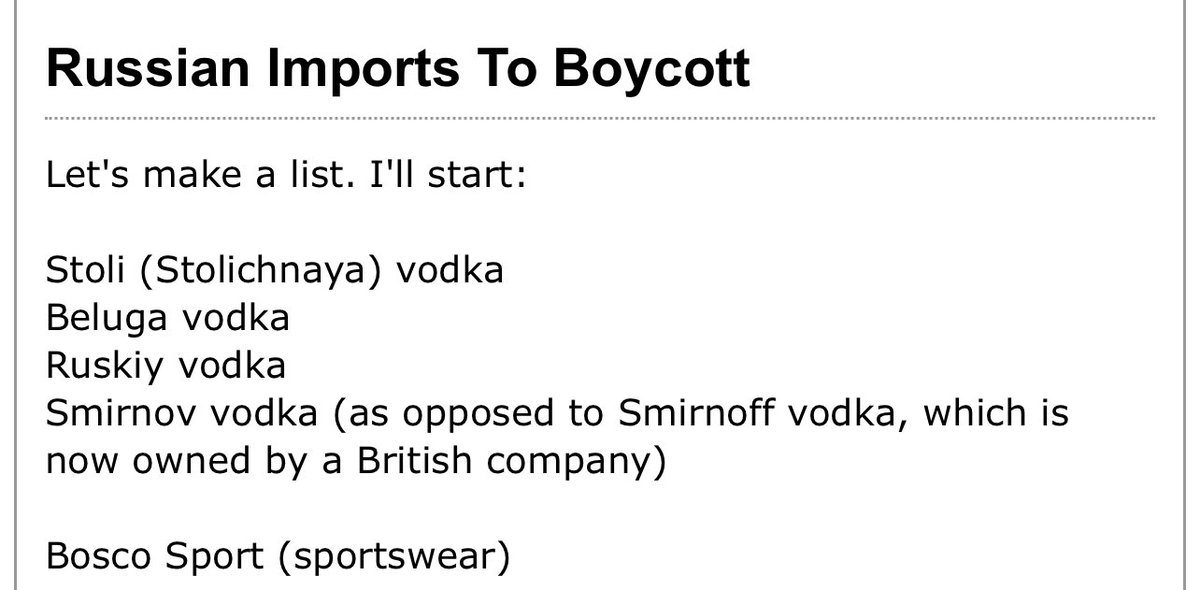 Boycotting  Russian products —here’s a start