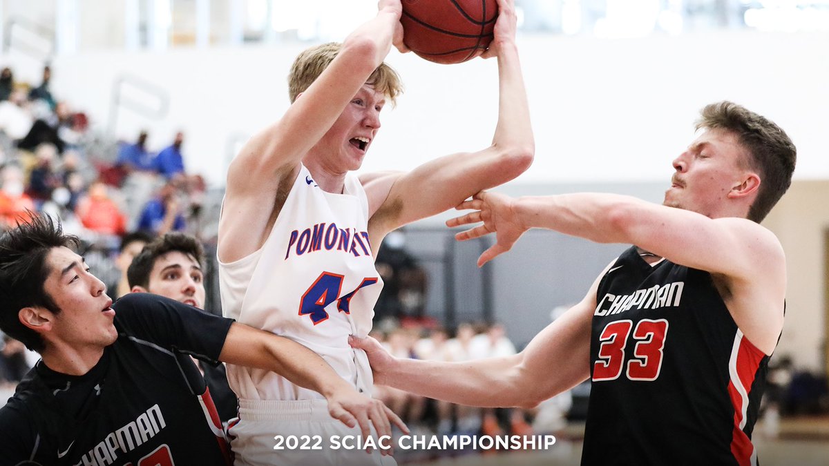 Sagehens's tweet photo. THREE-PEAT🏆🏆🏆! #SagehensMBB defeats Chapman 76-71 to earn their third-straight SCIAC Championship! #GoSagehens https://t.co/OwLSQg2LkG