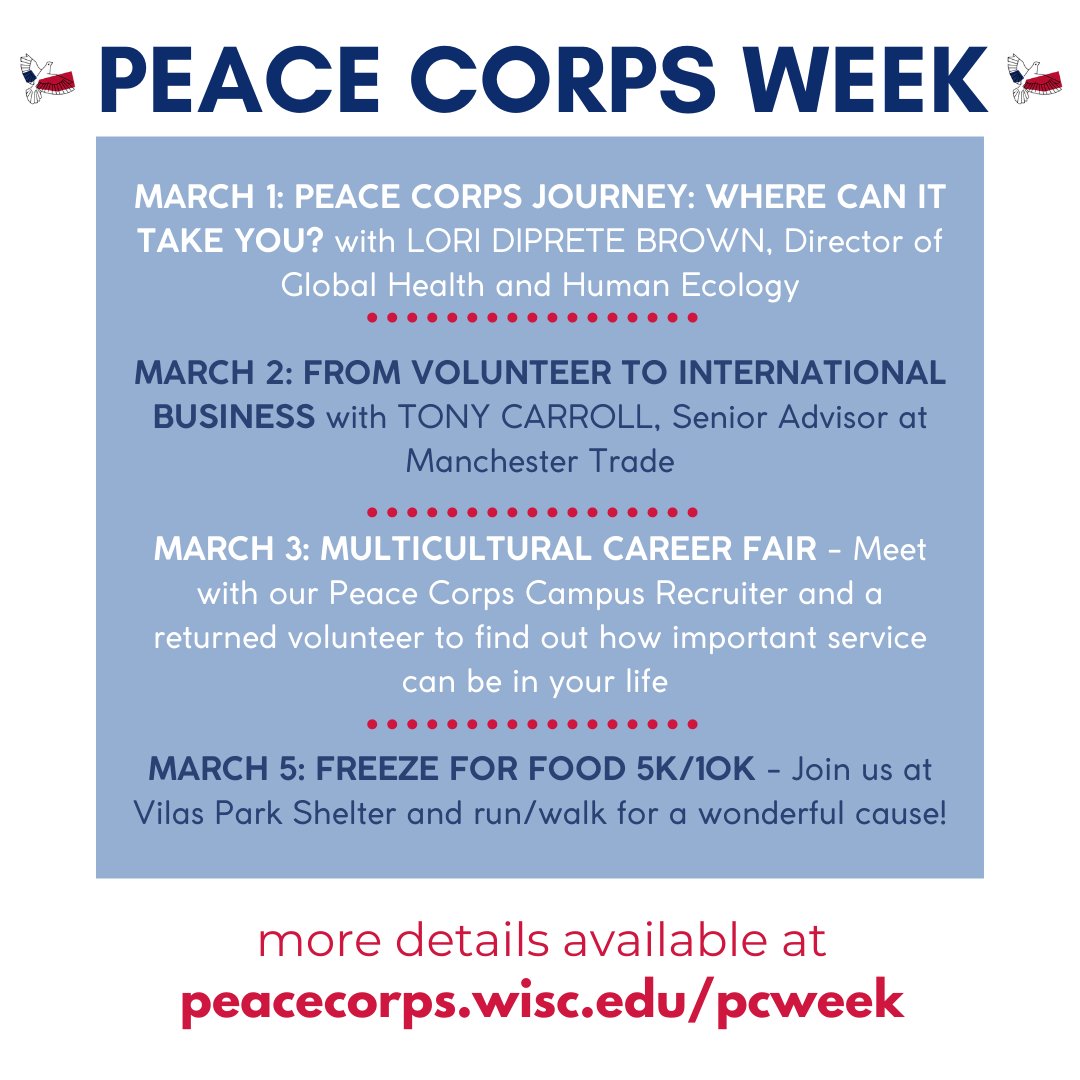 Happy Peace Corps Week! Join us at our events this week to learn more about the Peace Corps and how to get involved. Find more information on our website: peacecorps.wisc.edu/pcweek
