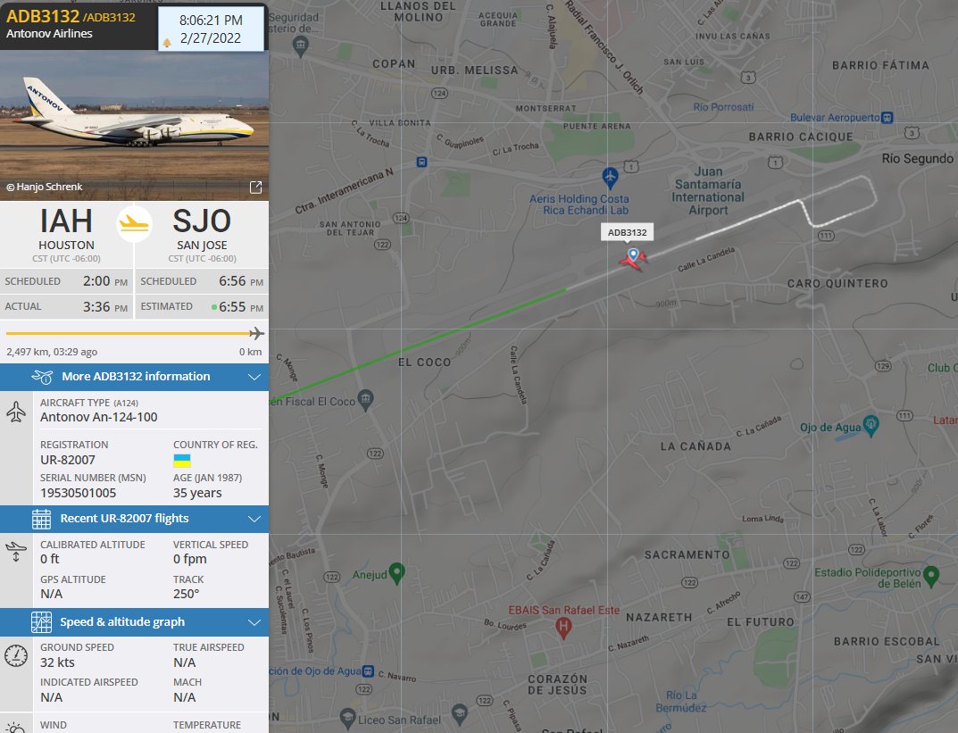FlconEYES's tweet photo. ✈️Antonov An-124-100
🇺🇦UR-82007 | #UR82007 | 50801B
De UCRANIA, aterrizando en este instante en Costa Rica, fue esperado por los ticos para darle apoyo y bienvenida. 👏👏👏👍
#StandWithUkraine 
#PlaneAlert #AvGeek #ADSB #Aviation #OSINT #27Feb
👉https://t.co/931dXBJdhD https://t.co/E2XP4gGi0L