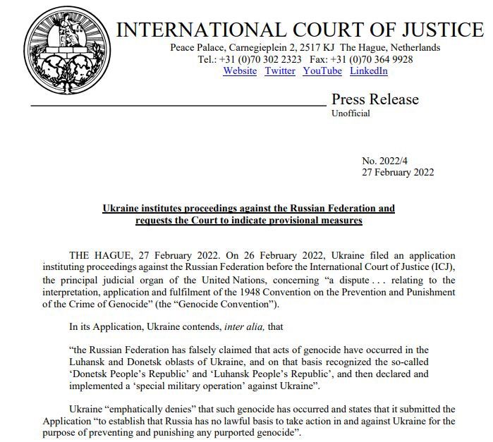 🇺🇦 Ucrania ha presentado una demanda contra Rusia en la <a href="/CIJ_ICJ/">CIJ_ICJ</a>  (Corte Internacional de Justicia) y ha solicitado medidas provisionales en relación con los actos de agresión rusos.