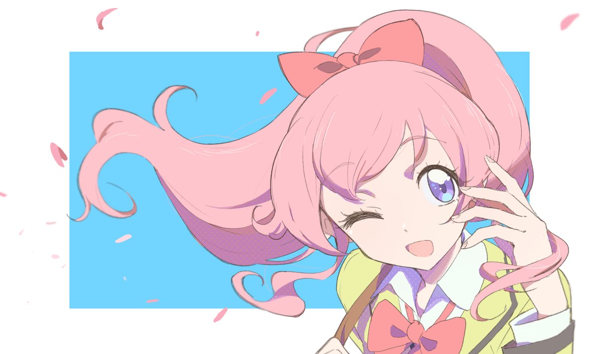 1girl one eye closed pink hair solo bow smile blue eyes  illustration images
